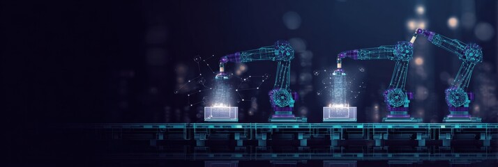 Obraz premium Robotic arms work efficiently to assemble items on a conveyor system in a high-tech warehouse, illuminated by ambient lights at night.