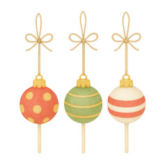 Watercolor illustration of three Christmas cake pops decorated in red, green, and white with golden bows. Perfect for holiday cards, bakery menus, invitations, and festive seasonal designs.