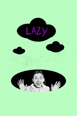 Trendy image pop vertical collage of puzzled businessman businesswoman stand bubble so tired exhaustion workload tension