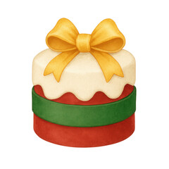 Watercolor illustration of a Christmas cake decorated with a yellow bow and green ribbon. Perfect for holiday cards, bakery menus, invitations, and festive seasonal designs.