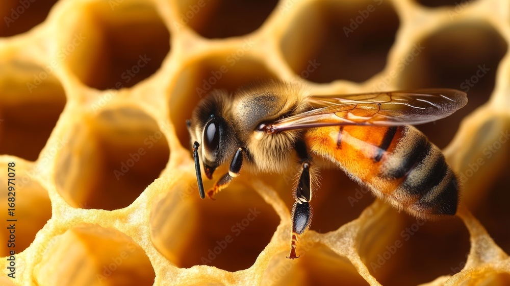 Poster close-up of a delicate honeybee collecting nectar on golden honeycomb in a busy beehive environment