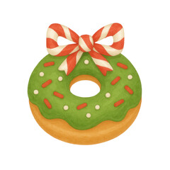 Watercolor illustration of a Christmas donut with green icing, red and white striped bow, and festive sprinkles. Perfect for holiday cards, bakery menus, and seasonal designs.