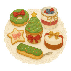 Watercolor illustration of assorted Christmas desserts: donut, cupcake, eclair, star cookie, cheesecake, and berry jar. Perfect for holiday cards, bakery menus, and festive designs.