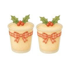 Watercolor illustration of two Christmas pudding cups decorated with red plaid bows and holly leaves. Perfect for holiday cards, bakery menus, festive invitations, and seasonal food designs.