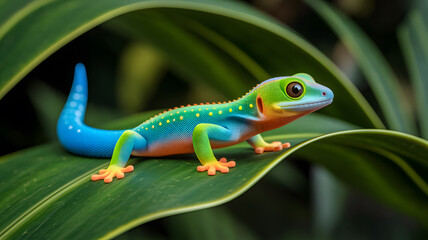 Fototapeta premium Brightly colored gecko on a green leaf. 