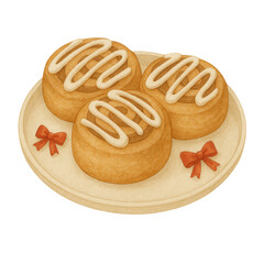 Watercolor illustration of three cinnamon rolls with icing on a wooden plate, decorated with red bows. Perfect for bakery menus, holiday cards, invitations, and festive designs.