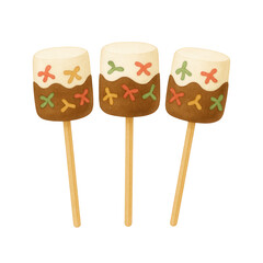 Three marshmallow pops on sticks, decorated with colorful sprinkles and icing. Perfect for holiday parties, dessert menus, invitations, and festive food designs.