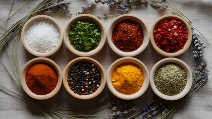 Eight small wooden bowls arranged neatly, each containing different spices and herbs.