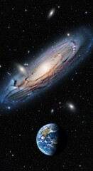 Naklejka premium Spiral galaxy in deep space with earth in the foreground