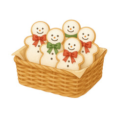 Watercolor illustration of a basket filled with smiling gingerbread men cookies decorated with red and green bows. Perfect for Christmas, holiday cards, bakery menus, and festive designs.