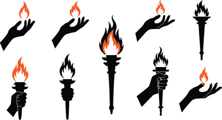 Hand holding torch flame silhouette, burning fire illustration, freedom symbol, protest icon, victory sign, black silhouette with orange red flame art