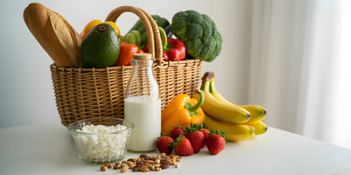 A woven basket overflows with various colorful vegetables and fruits, including broccoli, red and yellow bell peppers, bananas, and an avocado
