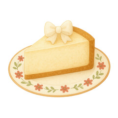 Watercolor illustration of a cheesecake slice topped with a decorative bow, served on a floral plate. Perfect for bakery menus, dessert cards, invitations, and festive food designs.