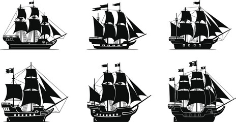 Historic sailing ships, vintage nautical vessels, maritime clipart, antique tall ships, ocean voyage illustration, black and white vector art, sea transport design