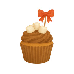 Watercolor illustration of a chocolate cupcake topped with marshmallows and a red ribbon bow. Perfect for holiday cards, bakery menus, party invitations, and festive designs.