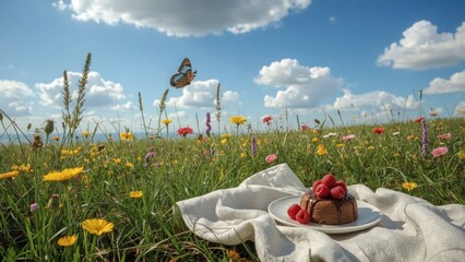 A butterfly flutters over a chocolate dessert adorned with raspberries in a vibrant flower field