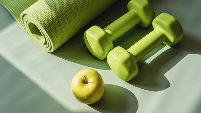 A serene fitness setup featuring green dumbbells, a yoga mat, and a fresh apple, promoting a healthy and balanced lifestyle.