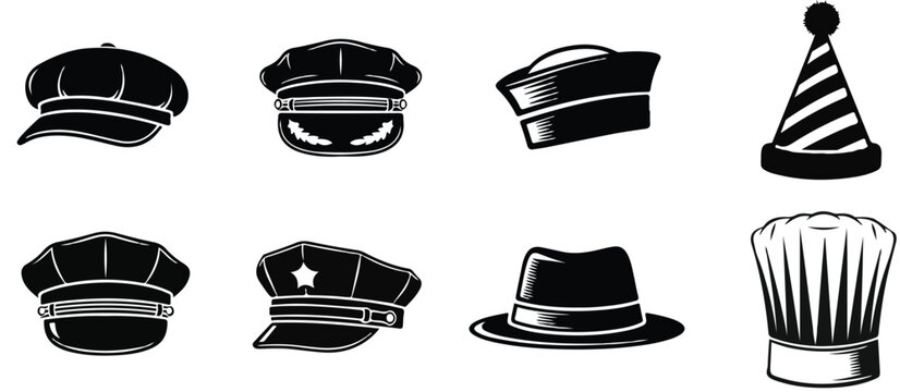 A collection of eight different black and white hat illustrations in a vector graphic design style