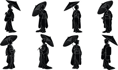 Silhouette, kimono, parasol, traditional, Japanese, women, cultural, fashion, art, black, shadow, geisha, style, heritage, umbrella, Asia, vintage, elegance, pose, design © KRISNARANI