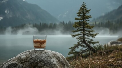 Glass of layered drink resting on a rock by a misty lake surrounded by pine trees in the mountains