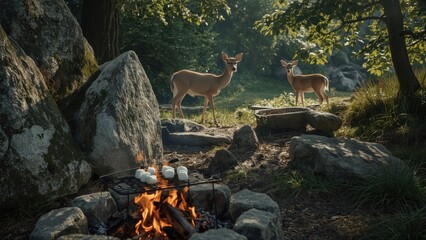 Two deer observing a campfire scene surrounded by rocks and trees in a serene forest setting
