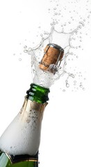 Champagne bottle cork popping with bubbles, isolated on white background