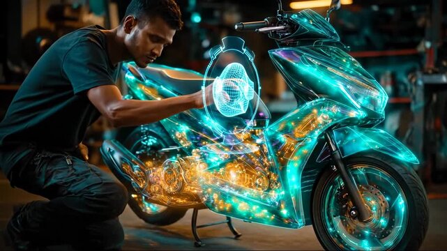 AI Empowered Micro Jobs: Engineer Utilizing Holographic Display for Advanced Motorcycle Maintenance and Diagnostics