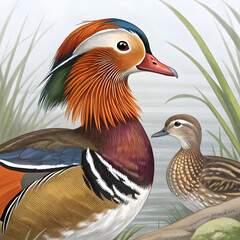 Mandarin Duck Pair: Stunning Bird Illustration - Vivid Colors, Detailed Feathers