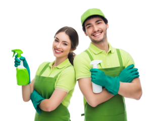 Professional Cleaning Team Ready to Serve with a Smile isolated on a transparent background