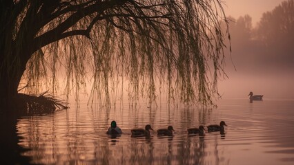 Serene morning at a misty lake with ducks swimming beneath a willow tree, creating a tranquil scene