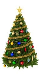 Decorated christmas tree with gold ribbon and colorful ornaments, isolated on white background