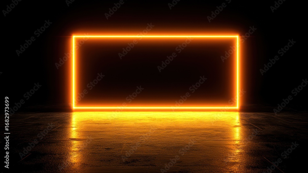 Poster an illuminating orange rectangular frame glowing brightly against a stark black backdrop with reflec