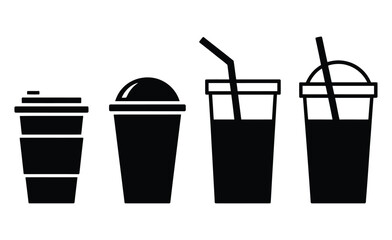 WebSleek black silhouette icons showcase diverse beverage cups with lids and straws, perfect for modern cafe or restaurant branding and design.