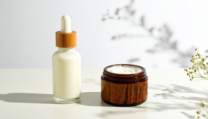 Cream and serum bottles sit on a bright white surface with leafy shadows; floral accents add softness to the clean and minimalist scene