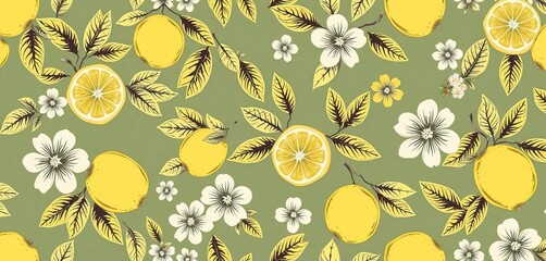 Hand-drawn vintage lemon & floral seamless pattern Elegant sketch style citrus fruit, leaves, flowers, line art, summer, Italian, tropical, texture, whimsical