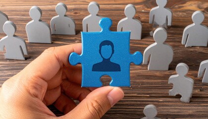 Hand holding a blue puzzle piece with a person icon, with grey silhouette figures scattered on a brown wood plank surface