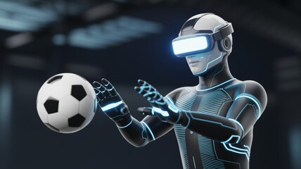 A futuristic robot wearing VR goggles interacts with a soccer ball, showcasing advanced technology and gaming possibilities in a virtual environment.