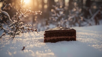 Chocolate cake slice resting on snow-covered ground in a winter forest during sunset