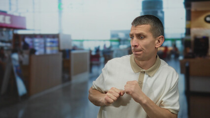 Caucasian man indoors at airport appearing anxious with fists raised, surrounded by blurred...