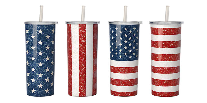 Four patriotic tumblers with straws displaying american flag designs on a white background studio shot