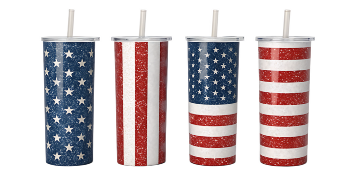 Four patriotic tumblers with straws displaying american flag designs on a white background studio shot
