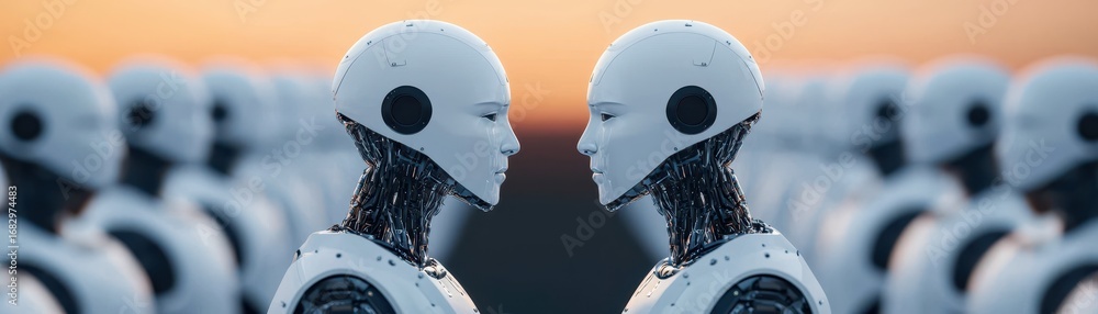 Poster two humanoid robots face each other, surrounded by a crowd of identical robots, set against a dramat