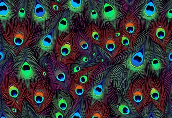 Obraz premium Horizontal seamless pattern of vibrant peacock feathers in vector format, texture, horizontal