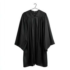 Black graduation gown hanging on a metal hanger