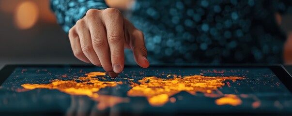A hand interacting with a digital map displaying glowing orange markers on a dark background, suggesting exploration or data analysis.