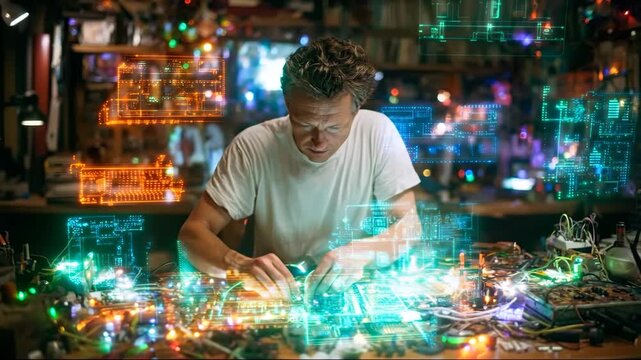 AI Empowered Micro Jobs: Engineer Innovating Circuit Boards with Holographic AI Overlays in a Future Tech Workshop
