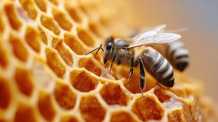 Close Up of Busy Honey Bees Collecting Pollen and Creating Honeycomb in a Vibrant Flower Garden
