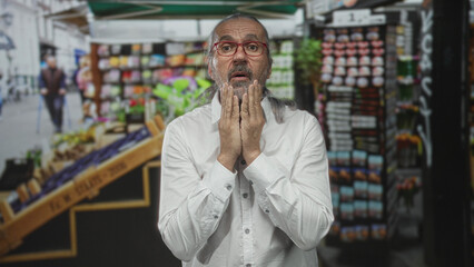 Man with hands on cheeks wearing red glasses at a crowded street market souvenirs stall, mouth open...