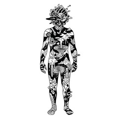 Vector illustration of abstract illustration of a mans body filled with surreal landscapes