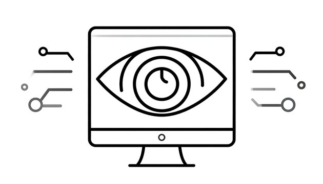 A minimalist icon depicts an eye integrated within a computer monitor, symbolizing surveillance and data analysis. 